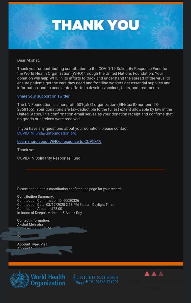 I just donated to the #COVID19Fund to support <a href="/WHO/">World Health Organization (WHO)</a>'s response efforts to the global #COVID19 pandemic. Join me to help combat this growing global threat to people's health and well-being: covid19responsefund.org
#feelsgood #donate #staysafe #FightCorona #supportWHO
