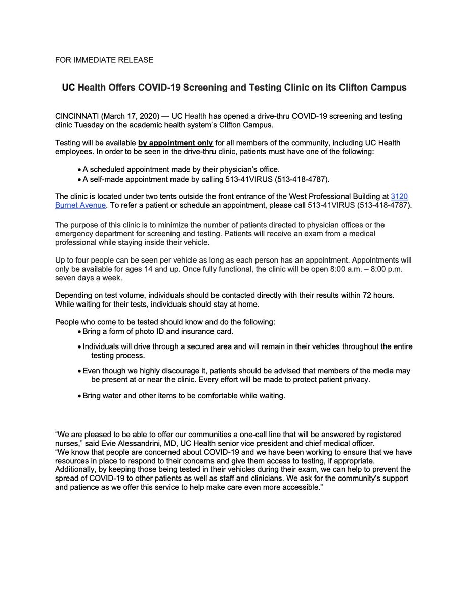 UC Health Press Release regarding providing COVID-19 screenings and testing...