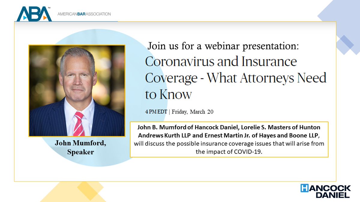 Join <a href="/Mumfords/">John Mumford</a> for this <a href="/ABAesq/">American Bar Association</a> webinar discussing insurance coverage issues which will emerge from injury, financial losses, and other damages caused by COVID-19, as well as the impact COVID-19 might play on insurance markets in the future. Register: americanbar.org/events-cle/mtg…