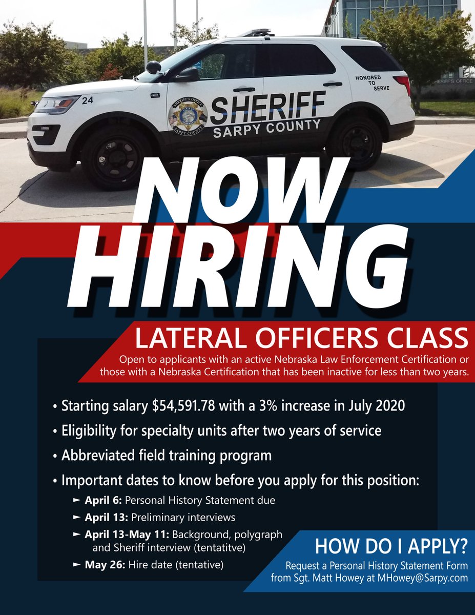 Sarpy County Sheriff's Office (@sarpysheriff) on Twitter photo Take your career to the next level by joining the <a href="/SarpySheriff/">Sarpy County Sheriff's Office</a>. We're hiring certified LEOs. Take your career to the next level by joining the <a href="/SarpySheriff/">Sarpy County Sheriff's Office</a>. We're hiring certified LEOs.
