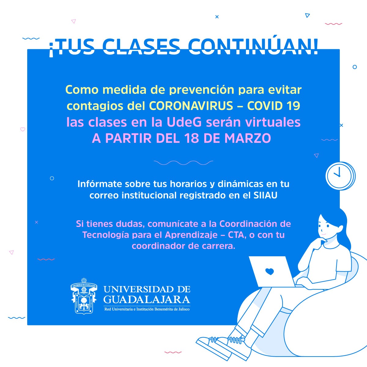 udg_oficial's tweet photo. La suspensión de clases presenciales NO son vacaciones 🙅♀️🙅♂️, es una medida preventiva para mantenerte en casa y disminuir la propagación del virus ¡Sigue tomando tus clases #EnLínea! 📚💻 https://t.co/n2BL56Yt57