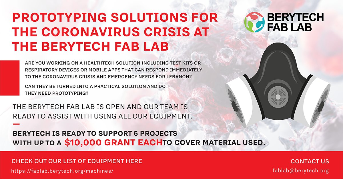 ParkInnovation's tweet photo. Are you working on a #HealthTech solution: #TestKits #RespiratoryDevices #MobileApps responding to the #Coronavirus #covid19 crisis? #BerytechFabLab is open for prototyping &amp; supporting 5 projects with a $10K grant each to cover material used. Contact them at fablab@berytech.org https://t.co/3PeJgfenEy