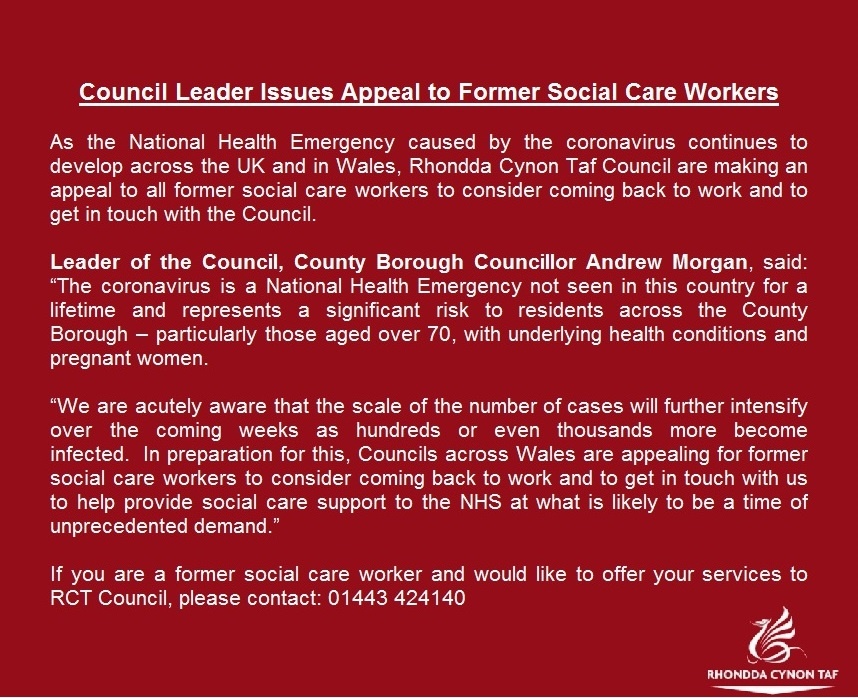 RCTCouncil's tweet photo. As the National Health Emergency caused by the coronavirus continues to develop across the UK and in Wales, the Council are making an appeal to all former social care workers to consider coming back to work and to get in touch with the Council - Read More: https://t.co/d6RQmPAboF https://t.co/SZ60RPo5ZH