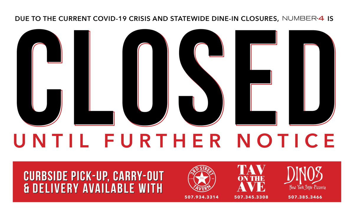 Number4MN's tweet photo. After the mandated statewide dine-in closures and in an effort to keep our staff and customers safe, Number 4 will be closed until further notice. Thank you for your ongoing support and understanding in this difficult time. https://t.co/sY9dQ1JwdB