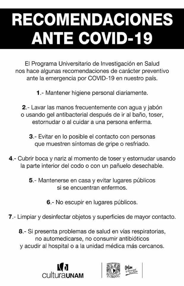 CulturaUNAM's tweet photo. ¿Qué medidas podemos tomar ante la emergencia por #COVID19? Checa las siguientes recomendaciones del Programa Universitario de Investigación en Salud. 👇 https://t.co/xae4y9XGDt