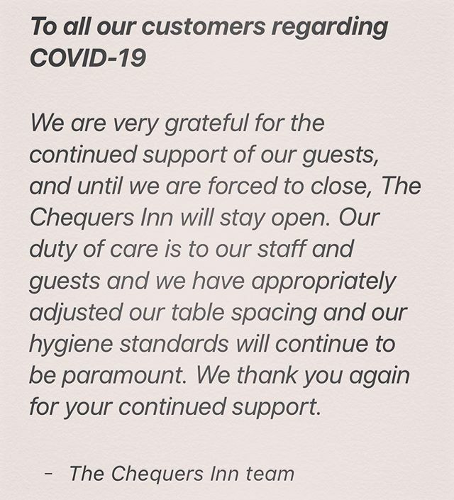 TheChequersWT's tweet photo. A note to all our customers - we are open as usual and no bookings will currently be affected, keep safe! https://t.co/0bDULUjGow