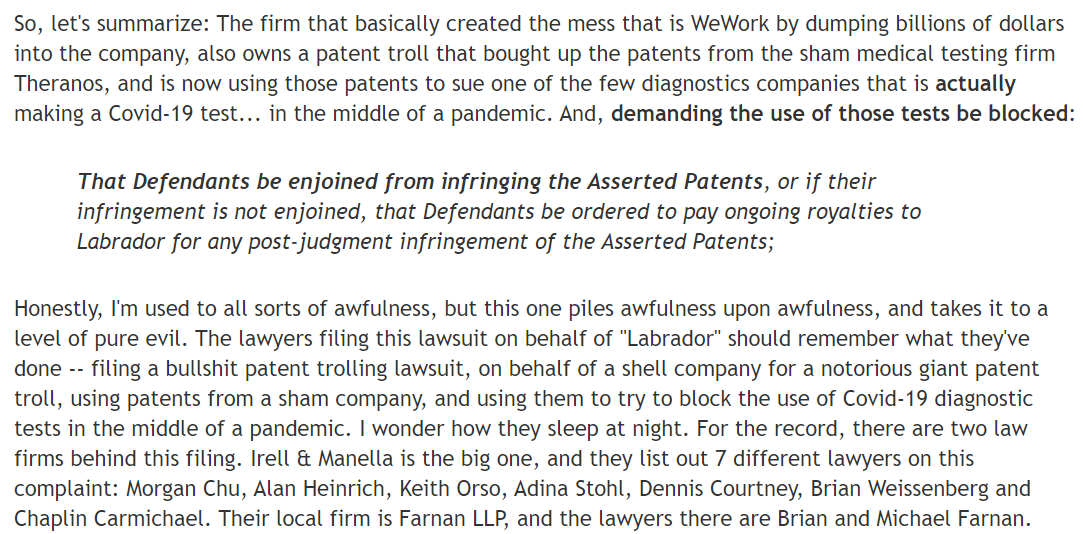randfish's tweet photo. Relatively speaking, this is vastly more evil, vile, &amp; reprehensible than any of the toilet paper+soap re-sellers. Softbank-owned patent troll using Theranos patents to block COVID testing kits from being made: https://t.co/8QuzyvG08w

How they can sleep at night is beyond me. https://t.co/EMZdx4D8zW