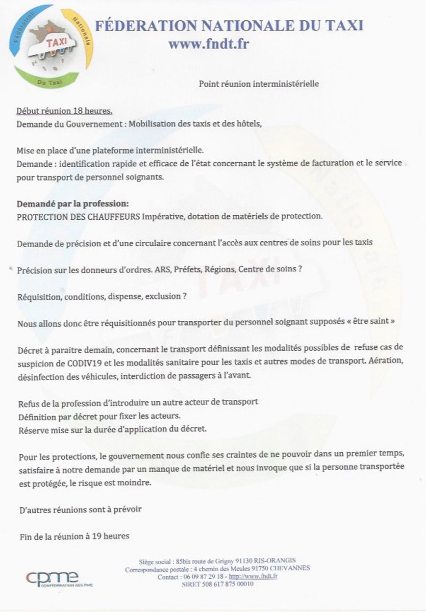 TaxiChrisFNDT's tweet photo. Bonsoir,

Compte rendu succinct de la réunion interministérielle concernant la possibilité de réquisition des taxis pour transporter le personnel soignant.

A diffuser à vos adhérents et sympatisants

Bonne réception

Fédération Nationale Du Taxi
Didier HOGREL
Président FNDT https://t.co/0ahPvbarN8