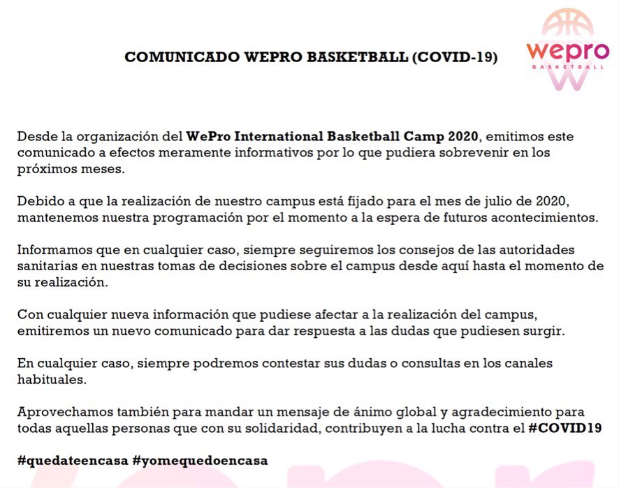 weprobasketball's tweet photo. ⚠️INFO COVID -19⠀
ESP 🇪🇸⠀
ENG 🇬🇧⠀
#welove #welife #wepro2K20 https://t.co/jjwBeJUzKb