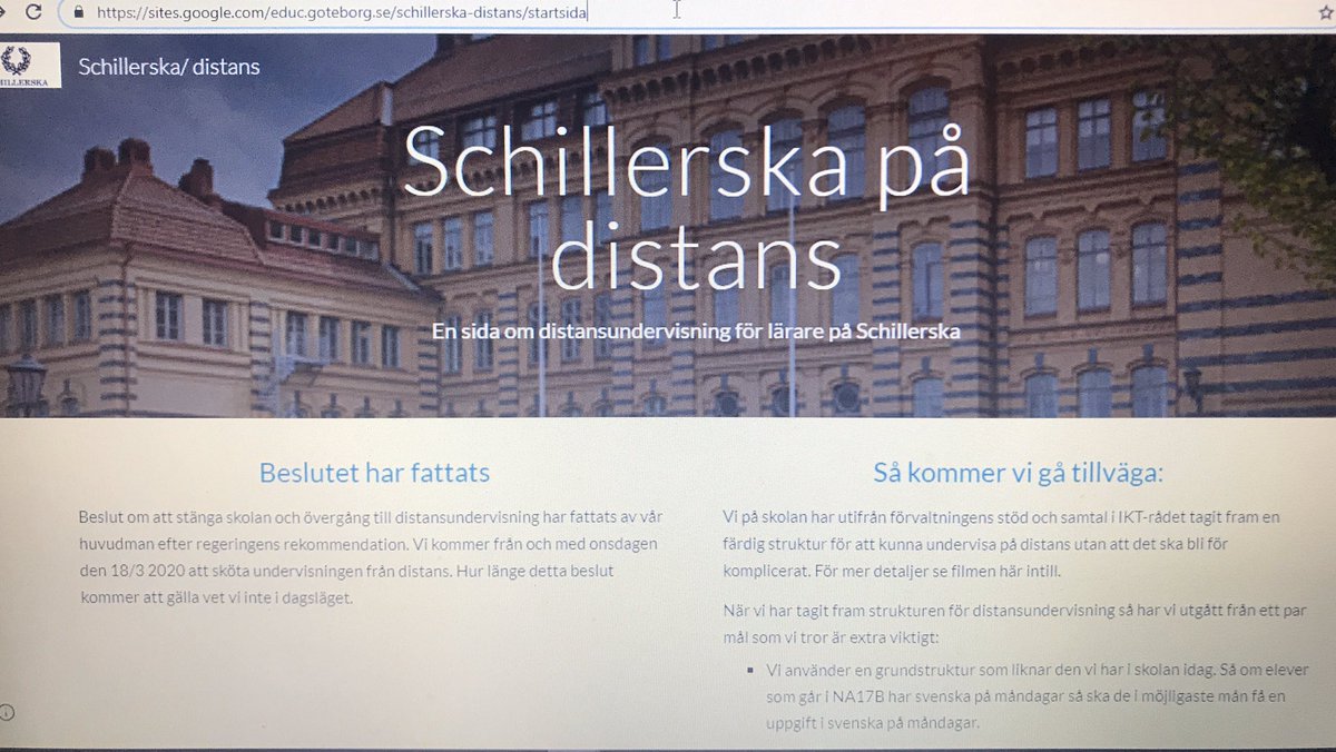 BergmanAlme's tweet photo. Så stolt över vår laginsats på @schillerska Vi har förberett oss utifrån en plan. Igår skapade @frokenbagare en site med infrastrukturen om hur vi ska jobba utifrån #skolahemma &amp; UBF:s verktyg för distansundervisning. Idag studiedag, jobb i ämnen. Vi är lugna, taggade och nyfikna https://t.co/INgzImgRp1