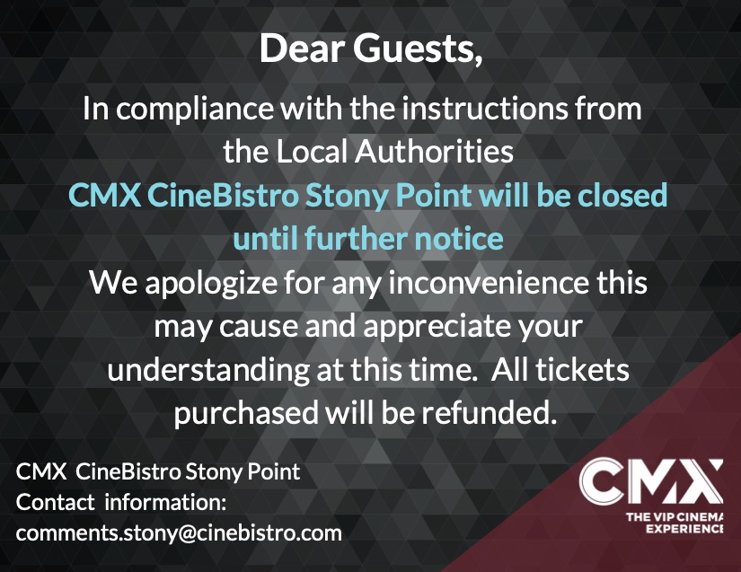 CineBistroSP's tweet photo. In compliance with the Governor’s executive order for bars &amp; restaurants, CineBistro will be closed until further notice. https://t.co/gEjQZzVh7d