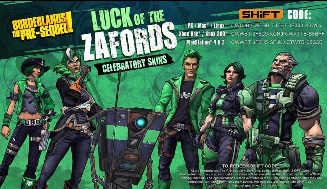 konservativ Allerede Grundig Borderlands on Twitter: "Celebrate the Luck of the Zafords with these  reactivated Borderlands 2 and Borderlands: The Pre-Sequel SHiFT Codes! Codes  expire Tuesday, March 24 at 11:59pm PT. #StPatricksDay  https://t.co/guF9GGumi9" / Twitter