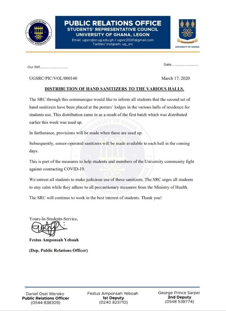 Ug_src's tweet photo. Update on Distribution of Hand Sanitizers to various Halls in @UnivofGh by @Ug_src.                         @sarbahhall_jcr @Legon_Live @NMIMR_UG @aphiclasofficia @LegonhallJcr @ugbsofficial @ugtheatrearts @Ef_seyhall @ugmsa_ @alexkwapug @possaug @JeanNelsonHall #CoronaVirusGhana https://t.co/WfrlPEBEQq
