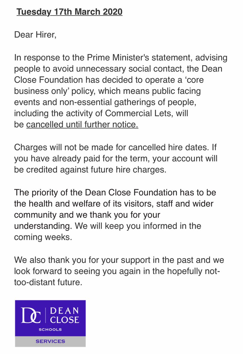 DeanCloseVenues's tweet photo. On behalf of Dean Close Services Ltd, please see the statement below that has been sent out to all our Commercial hirers and customers. 
We thank you for your cooperation, your understanding and your patience during this time.
Stay safe. We are all in this together. https://t.co/mAT5NHlbNK