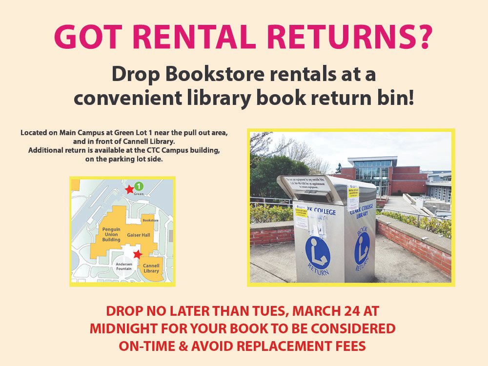 ClarkBookstore's tweet image. Penguins, still got Winter rentals to return? You can drop them off by Tuesday, March 24 at one of the library return bins at these locations: On main campus at the Green Lot 1, in front of Cannell Library, and at the CTC building.