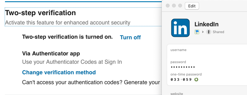 shehackspurple's tweet photo. Did you know that with @1Password you can not only save your 2-factor auth codes into it, BUT ALSO share it with a team member (assuming you have a teams account)? Sometimes you have one LinkedIn Company profile or Twitter account, but a few of you need access. #MFAally https://t.co/mVOLB8b7Zl