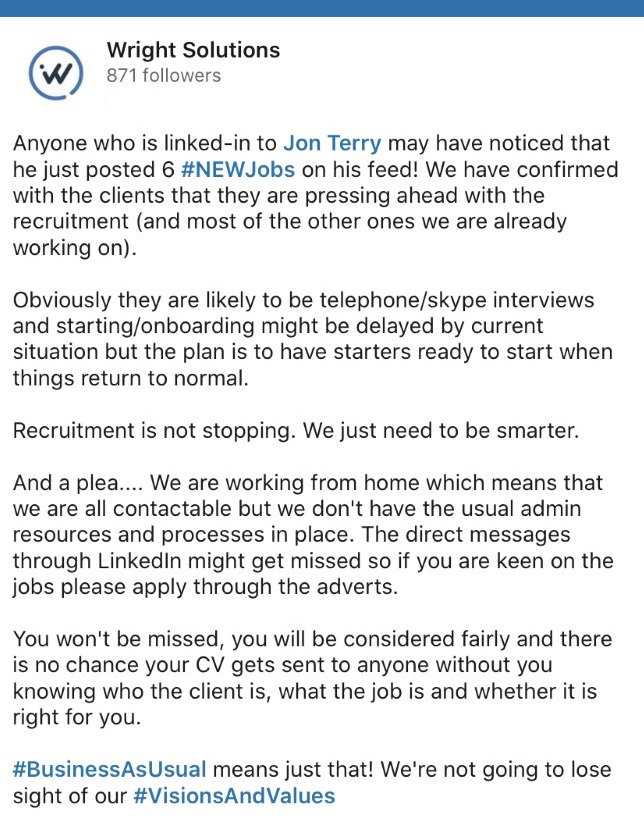 WrightSol_HR's tweet photo. Recruitment is not stopping. We just need to work smarter! And our #VisionsAndValues won't change. https://t.co/nfP1FDXEYQ https://t.co/e9UB4x90At