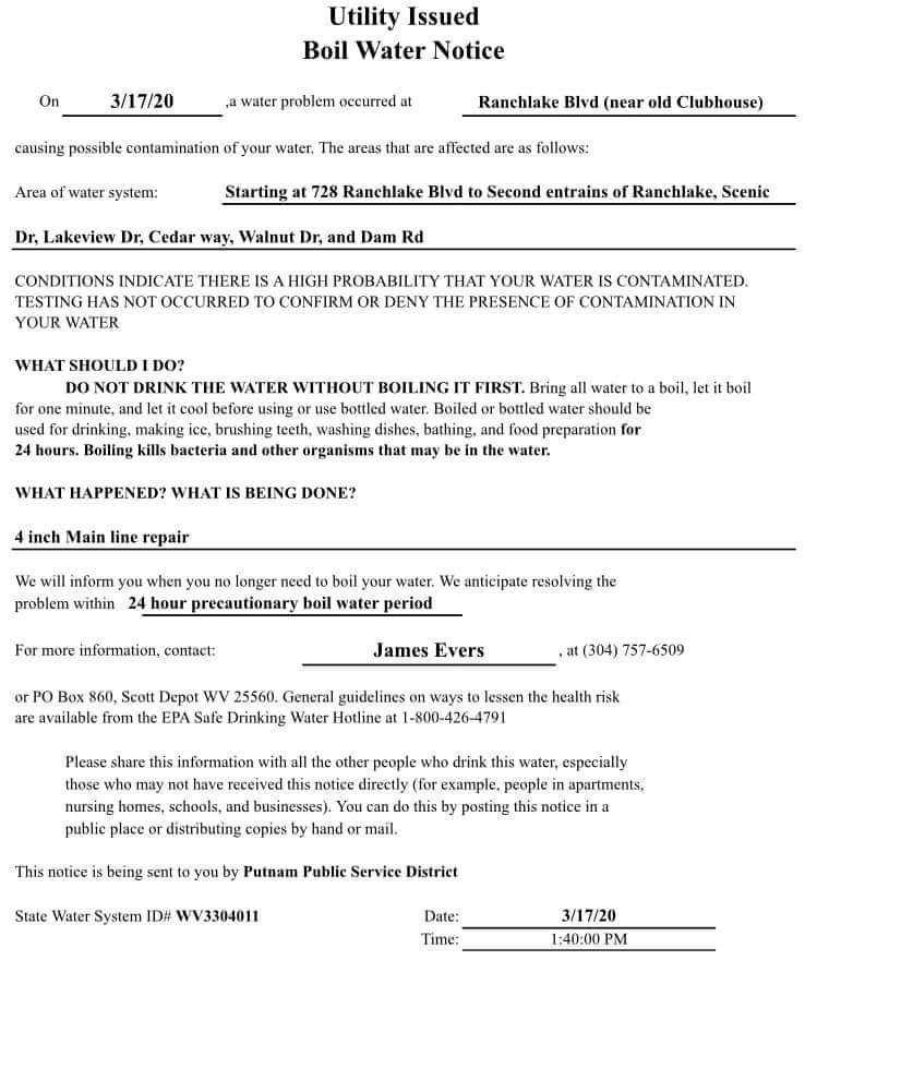 PutnamPSD's tweet photo. A precautionary Boil Water Notice for parts of Ranch Lake Estates. Check the notice for the specific areas. https://t.co/EpvmerlRPh