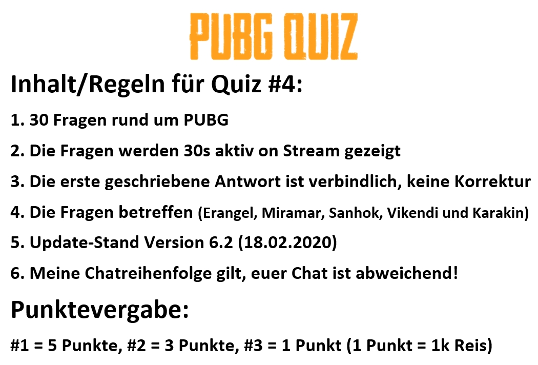 Hey Freund, es ist wieder soweit !!!

📢 PUBG QUIZ AUSGABE #4📢

📅 Donnerstag 19.03.2020
⏰Latenight ab ca. 22:30/45
 ⁉️ 30 Fragen rund um PUBG
💰 Steam-Keys, usw. (vllt. Klopapier oder Nudeln😅)

🏆Na, wer wird der neue Quizkönig und beerbt <a href="/coPPymit2P/">coPPy</a> ? 🏅

<a href="/PUBG_DE/">PUBG: BATTLEGROUNDS Deutschland 🇩🇪</a> #PUBG RT💋
