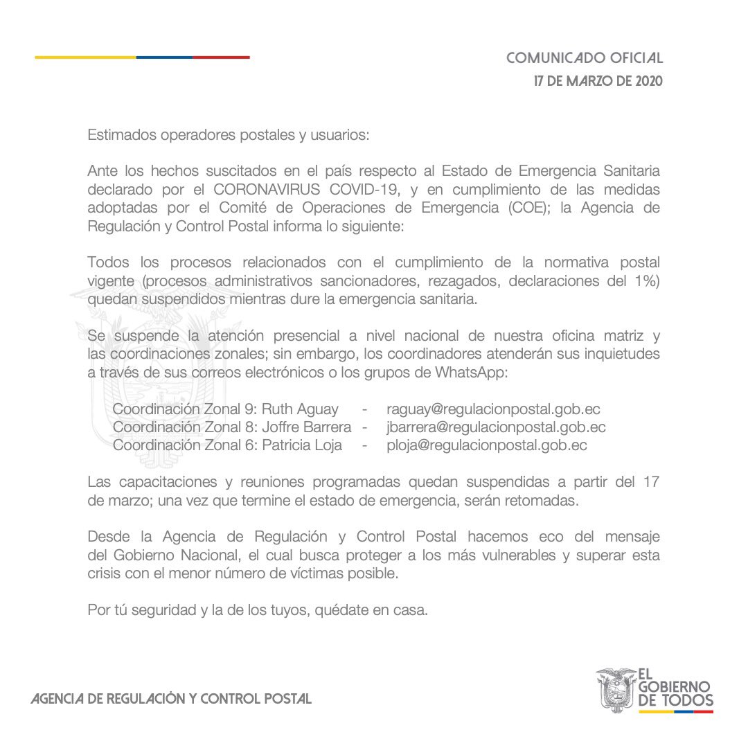 ArcpostalEC's tweet photo. La #ARCPostal, frente al estado de emergencia sanitaria declarado por el #Covid_19, informa a los usuarios, prestadores de servicio postal y ciudadanía: https://t.co/iexOvcFLTD