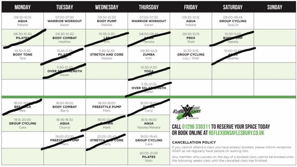 #ClassTimetable

To all our members please see attached our new short term timetable starting Wednesday 18th March.

As always any questions please come to see me at the club, email me at manager@reflexionsaylesbury.co.uk or call on 01296 330311.

Michelle, Club Manager. ❤️💚