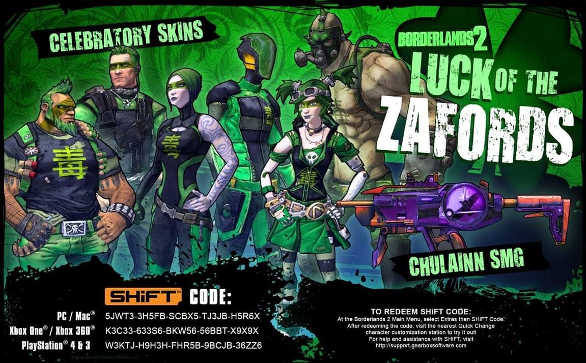 SHiFT Codes on Twitter: "SHiFT CODE BORDERLANDS 2 ST PATRICK DAY SKINS EXP 24 MAR PC: 5JWT3-3H5FB-SCBX5-TJ3JB-H5R6X XB: K3C33-633S6-BKW56-56BBT-X9X9X PS: W3KTJ-H9H3H-FHR5B-9BCJB-36ZZ6 htps://shift.gearboxsoftware.com/rewards Archive: https://t ...