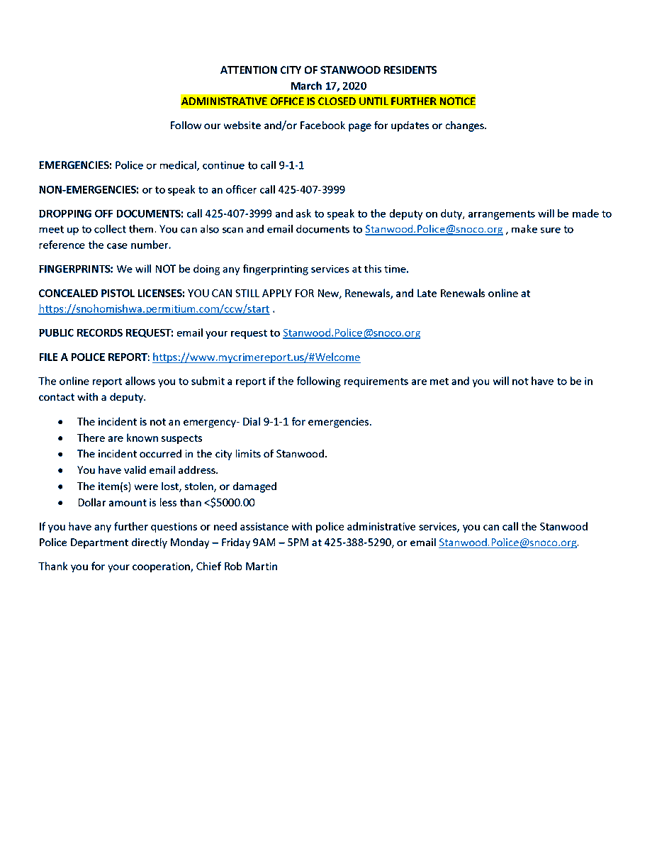 StanwoodPD's tweet photo. The City of Stanwood continues to closely monitor updates regarding Novel Coronavirus 2019. Those interested in community updates should monitor the city website by accessing https://t.co/vof2WGohWL and city social media sites Read more at: https://t.co/MjmyviiWgN https://t.co/SluhbHO9M6