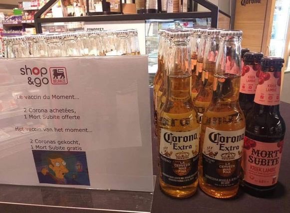 AertsJens's tweet photo. @MicheleAcuto @woolworths This is even better: a pack of 2 coronas and 1 Mort Subite #belgianhumor https://t.co/NSpcP9e7OM