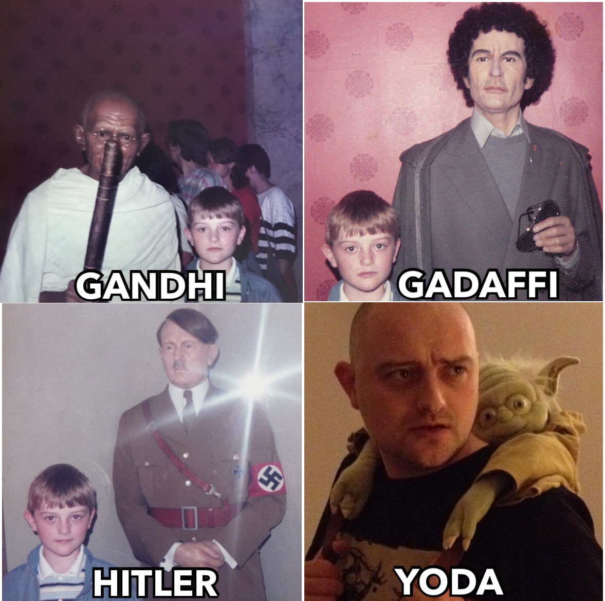 The Gandhi, Gaddafi, Hitler &amp; Yoda Challenge. Hey good people, let’s make this one go viral. Something to do if You have home quarantine. Dig through Your old photo albums and pull out any photos You find with this motley crew. #GandhiGaddafiHitlerandyodachallenge