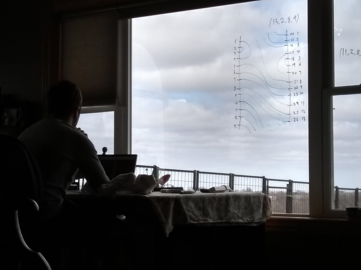 TerriJermain's tweet photo. Set up a study table by the window overlooking the puppy pen for the newly returned math graduate school #onlinelearner. Hadn't expected that my window would become a marker board! This should be interesting! #stayhomechallenge https://t.co/qcDMXWR2KS