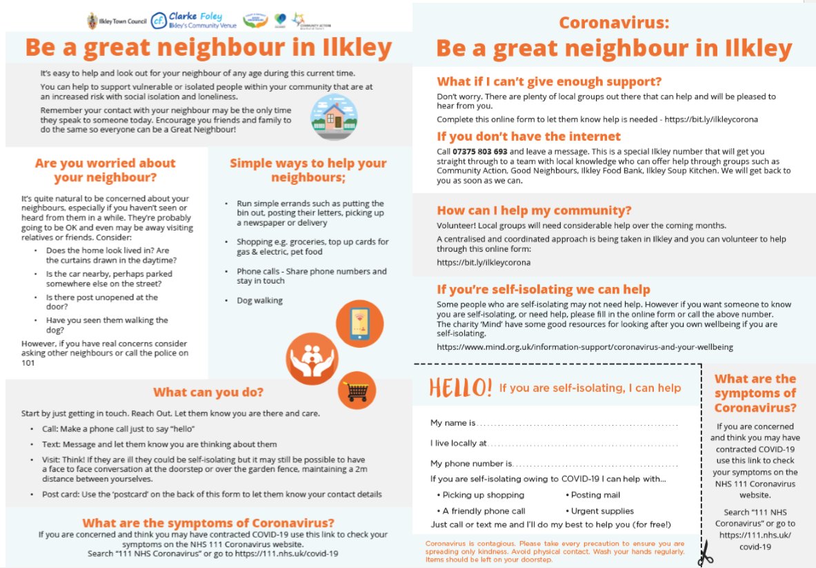 Be a great neighbour in #Ilkley 🙏
This leaflet has been produced by community groups and Ilkley Town Council and will be delivered to homes in town over the next few days.
Download at bit.ly/2TVAyz0
We will keep updating ilkleychat.co.uk/coronavirus with the latest.
