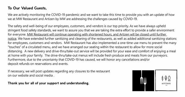 MWrestaurant's tweet photo. In this trying time, we must all be at our best to protect the health and safety of those around us. We value all of our supporters and guests and want to share with you our steps to address COVID-19. It is important that we all stick together and persev… https://t.co/9RDBLZDs63 https://t.co/Pf6tnzaElr