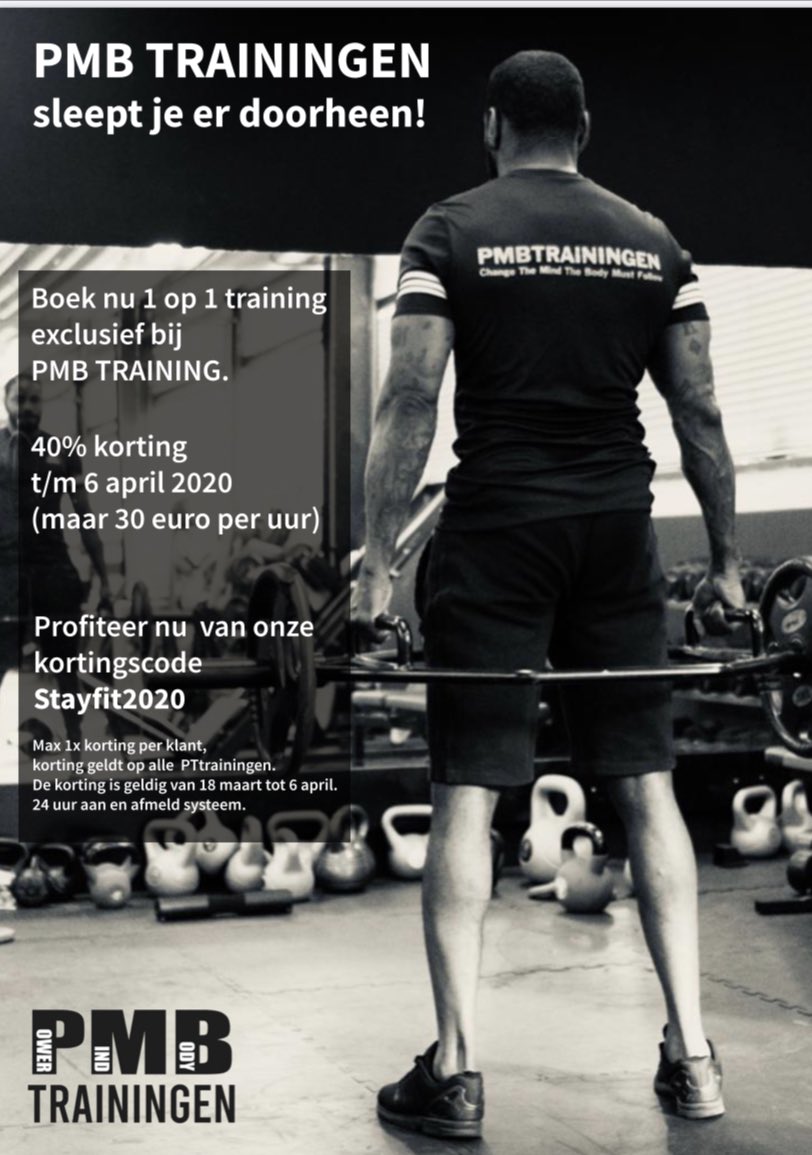 PMBasofo's tweet photo. Keep up and stay strong...PMB TRAINING sleept ons erdoorheen. Maak gebruik van de 40% korting en steun de ondernemer en jouw gezondheid! https://t.co/diWYLP0YjW