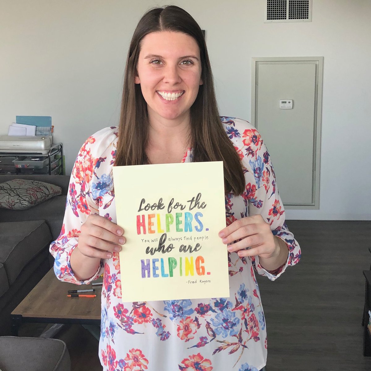 How about some community connection? Make a picture or poster by saying thank you to our community helpers, hello to your neighbors or to share a little love! Look, even Ms. Saibert and I did it! #skokie