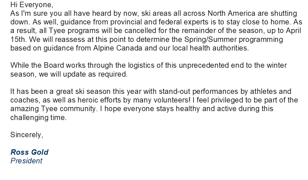 TyeeSkiClub's tweet photo. Due to the closure of @grousemountain and ski resorts across the province Ross Gold has announced an official end to the 2019-20 Tyee season. #COVID19 https://t.co/cEgazDXDkB