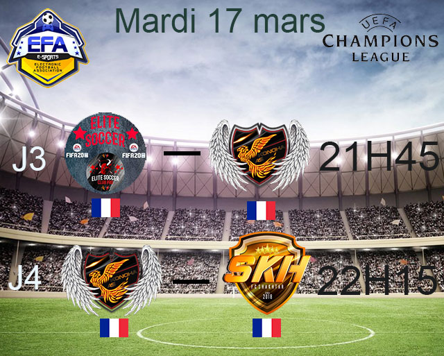 Suite de la #LDC <a href="/EFA_FR/">EFA FRANCE / XBOX ONE</a>  ce soir :

2 matchs au programme 

à 21h45 contre la @Elite_soccer20 

à 22h15 contre la <a href="/Fc_Shakhtar_XBX/">Fc Shakhtar</a> .

Bon match a vous.