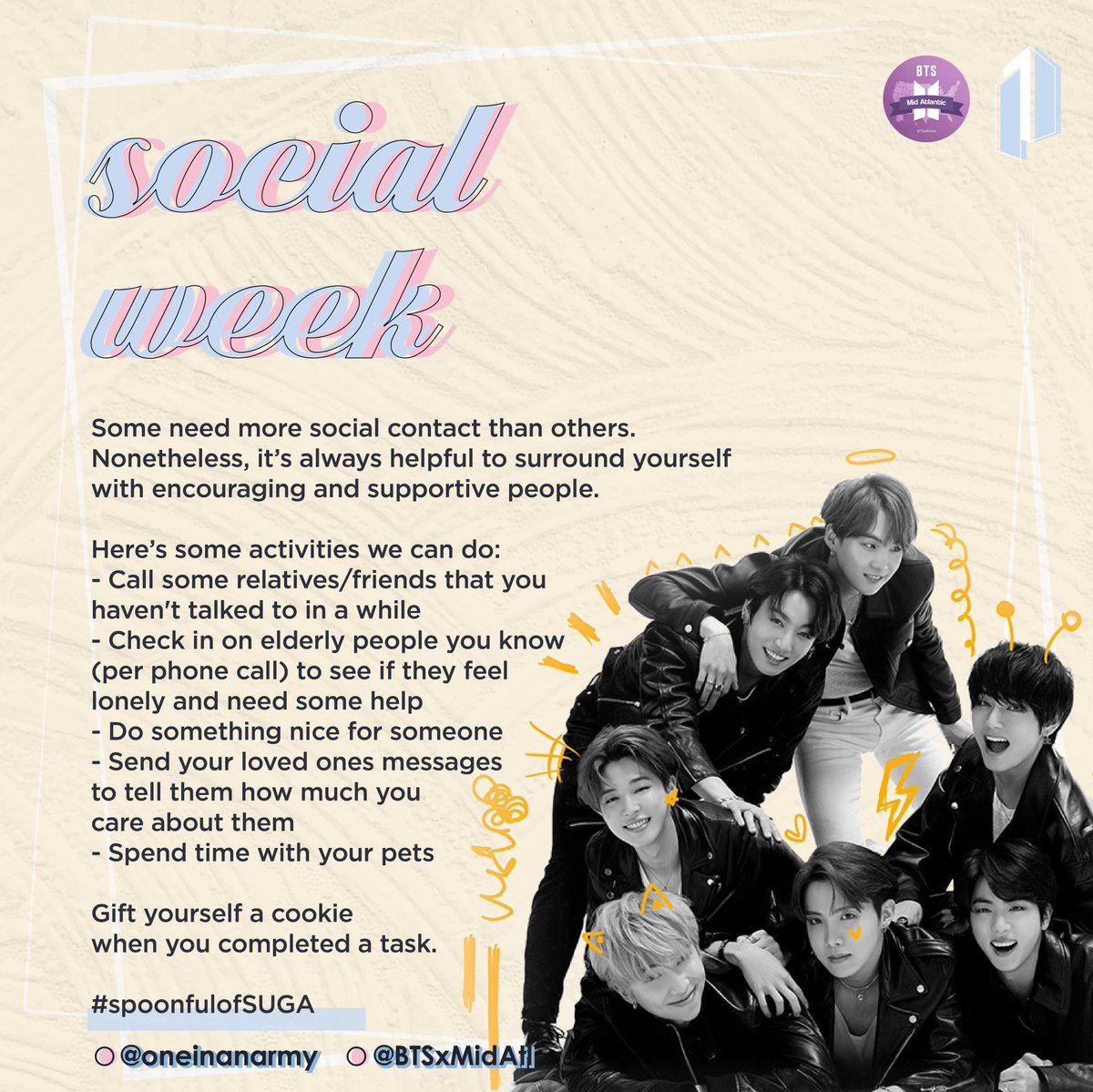 BTSxMidAtl's tweet photo. Did ya hear? We’re in week 3 of our #ChangeWithYoongi project!

This weeks #SpoonfulOfSuga theme of self care? Being social while still maintaining social distance.

Check out the poster for more info

You can also donate to @keychangesmusic 👉 https://t.co/aVoiscSxkd
@BTS_twt 🔆 https://t.co/uSrSeYRryf