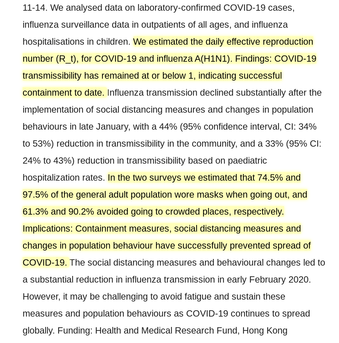 New paper: Hong Kong has not only contained COVID-19 for the moment, they've drastically reduced flu rates with social distancing, hygiene and near universal mask wearing. (Note: their government is unpopular and wasn't on board. The people acted anyway.)  https://www.medrxiv.org/content/10.1101/2020.03.12.20034660v1