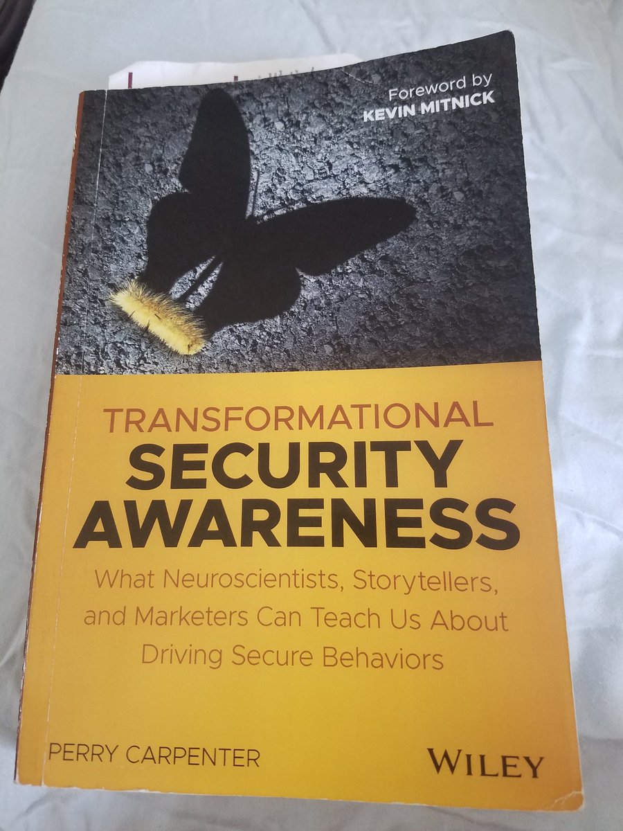 HybridAnalyst's tweet photo. #SocialDistance reading challenge book 1 done: @PerryCarpenter 's Transformational Security Awareness.
Enjoyed it a lot. A way to incorporate my marketing and process development skills into security and risk mitigation.
Thanks to @ash33ff13 for letting my borrow the book. https://t.co/AfXyXiwMva