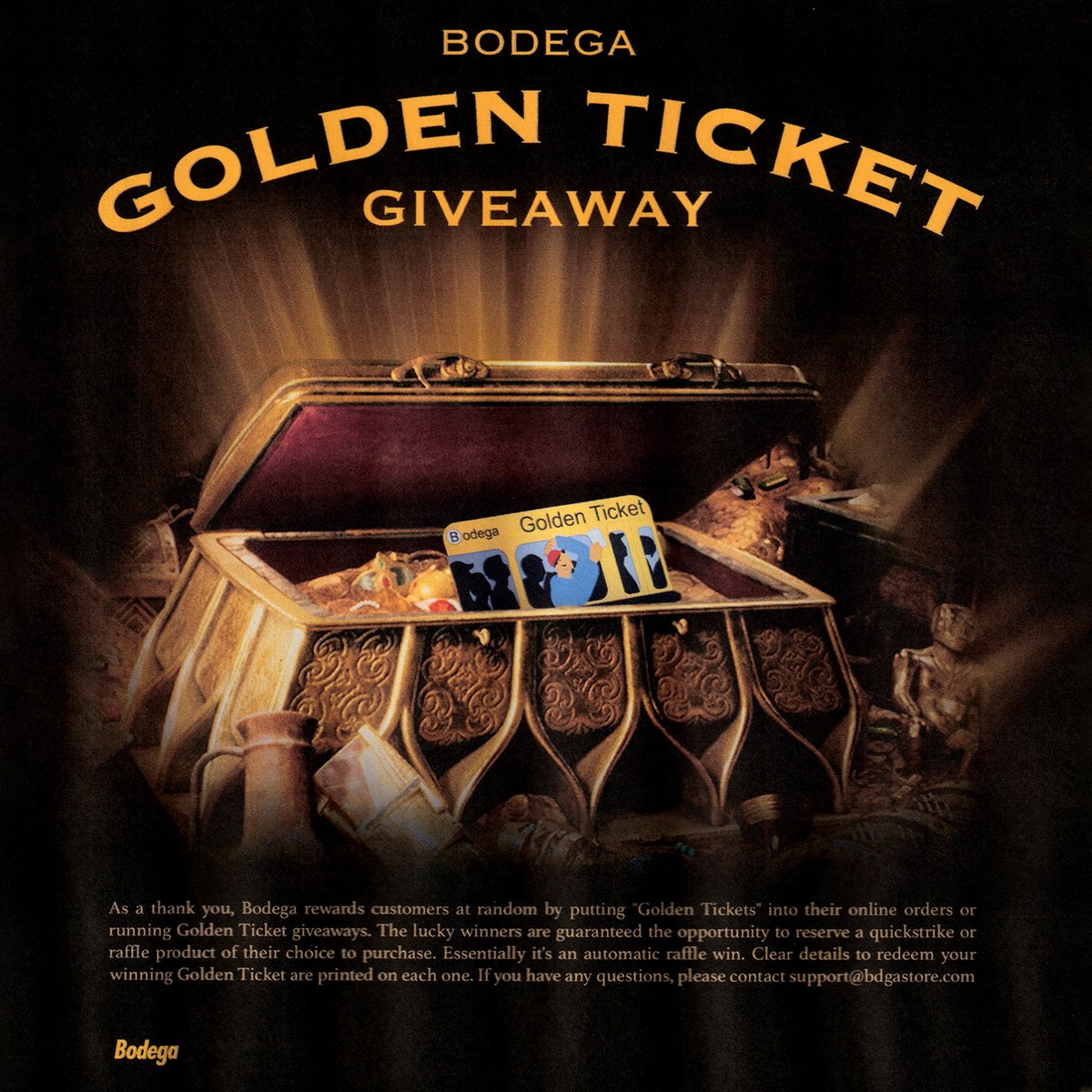 🙌 We've teamed up with <a href="/bodega/">BODEGA</a> to give away 3 of their Golden Tickets - essentially an automatic quickstrike raffle win from bdgastore.com.

TO WIN: Retweet this post &amp; you must be following Bodega and us on Twitter - Good luck! Contest ends 3/19 at 4 pm EST.