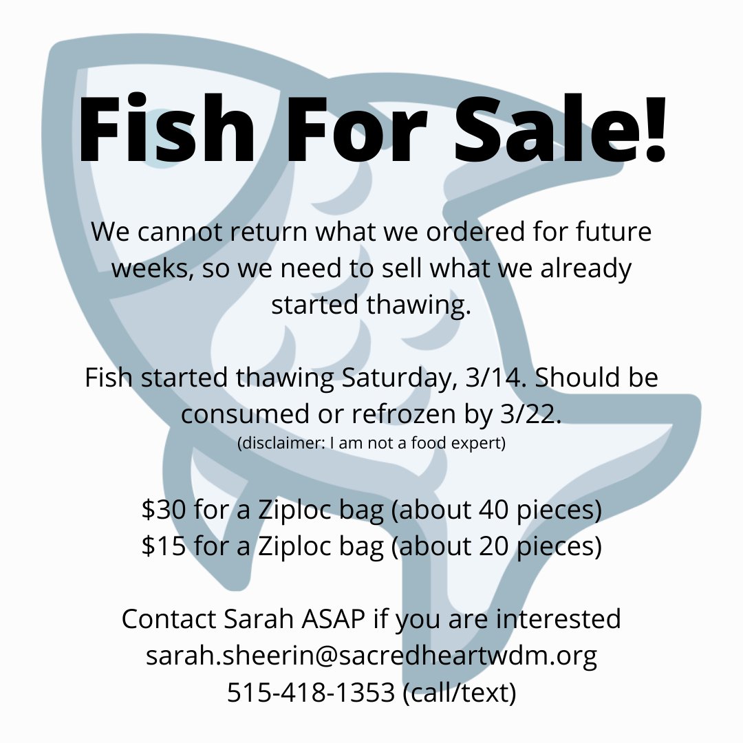 SMASHwdm's tweet photo. With everything going on, and fish fry dinners cancelled, we need to sell our fish that was pre-ordered. Contact Sarah ASAP if you are interested sarah.sheerin@sacredheartwdm.org OR 515-418-1353 (call/text).

$30 for a bag of ~40 pieces
$15 for a bag of ~20 pieces https://t.co/sF5hIFHztA