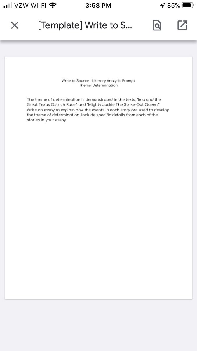 JCMelton88's tweet photo. Another Google Classroom assignment ready for my kiddos! #WriteToSource  #Theme #Determination @TheFarmAACPS https://t.co/6Gw249GMyc