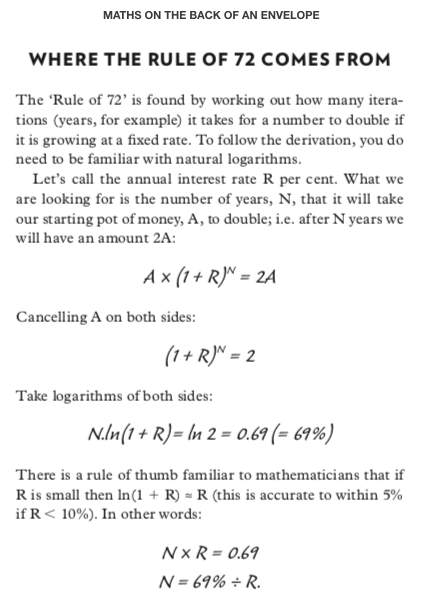 robeastaway's tweet photo. A handy back-of-envelope technique: To work out how long it will take for the number of cases to double, use the Rule of 72*.  

E.g. Italy cases are growing at about 13% per day.  So Italy cases will double in 72/13 ≈ 5 days.

* It should really be the Rule of 69.3. https://t.co/WbMw35WPF4