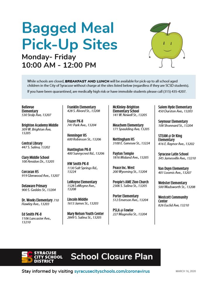 SyracuseSchools's tweet photo. UPDATED Meal Service sites are listed below! All school aged children in the City of Syracuse are invited to collect a bagged breakfast and lunch between 10 am - noon Monday to Friday! https://t.co/AtsdnFYQ14