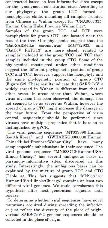 Current academic discussion of a separate phylogenetic analysis conducted by a group of Japanese researchers here, which suggests the Wuhan strain may be somewhat different from other circulating strains:  http://virological.org/t/response-to-on-the-origin-and-continuing-evolution-of-sars-cov-2/418/12