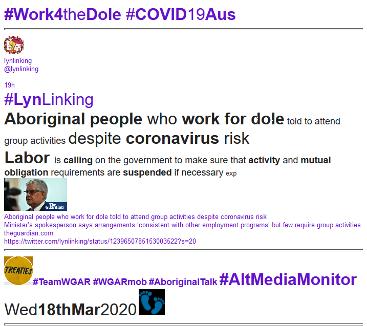 WgarNews's tweet photo. #AboriginalPpl who #Work4theDole #Told2AttendGroupActivies despite #COVID19Aus Risk | #Labor #Greens #CallOnGovt to Suspend #MutualObligation ofPeopleOn #Centrelink: #WorkfortheDole #CDP #ParentsNext | #LynLinking #SenatorSiewert #AboriginalTraumaSupport https://t.co/GRL9oAiM7Y https://t.co/5p3zo64VNa