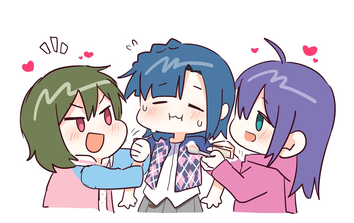 mochizuki anna multiple girls 3girls green hair heart blue hair feeding purple hair  illustration images
