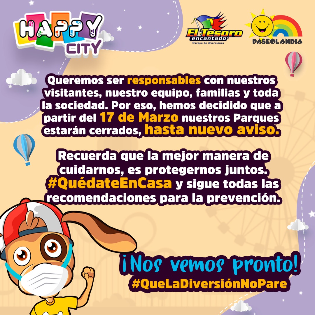 #QuédateEnCasa ¡Cuidarnos hará la diferencia! Por eso responsablemente hemos tomado esta decisión. 
Cuidémonos, informémonos bien y prevengamos la propagación. 
¡Esperamos vernos pronto! 🎈