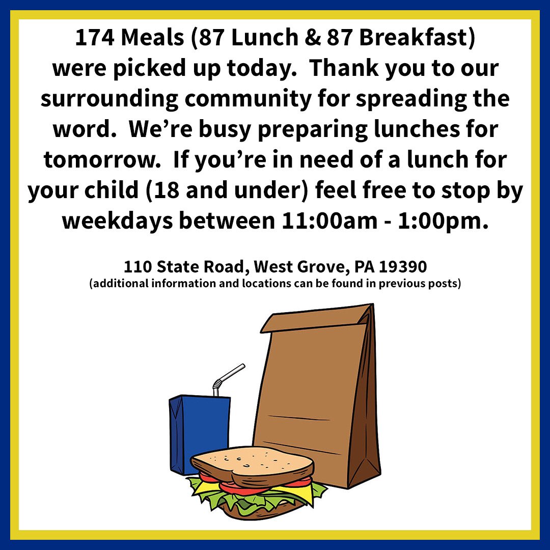 AGCharter's tweet photo. 174 Meals (87 Lunch & 87 Breakfast) were picked up today. Thank you to our surrounding community for spreading the word. We’re busy preparing lunches for tomorrow. If you’re in need of a lunch for your child (18 and under) feel free to stop by weekdays between 11:00am - 1:00pm. https://t.co/H7vT5UYdgO