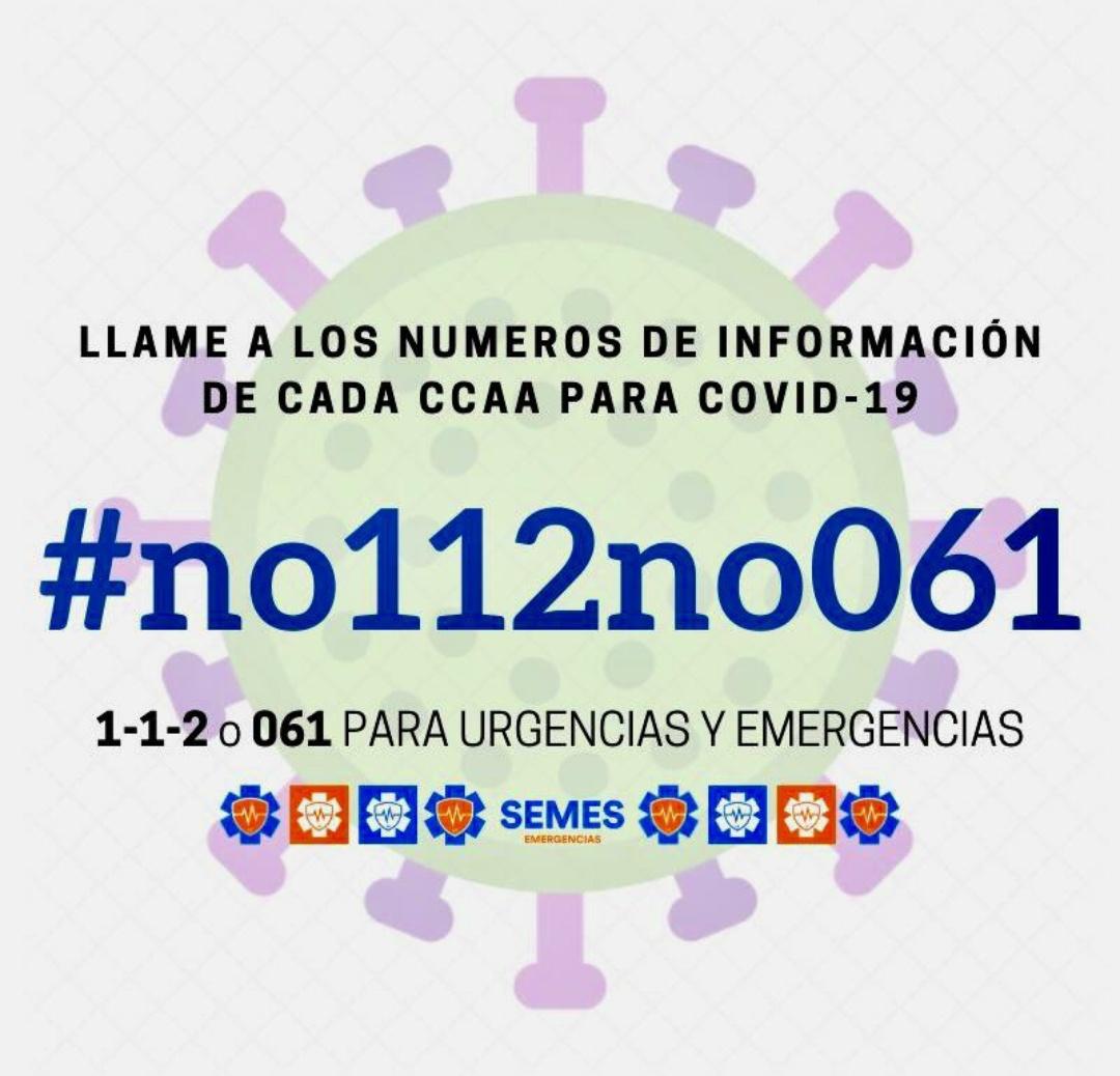 VAUGELEN's tweet photo. Campaña #no112no061 . Llame a los números de información sobre el #COVID2019 que tiene cada CCAA. Por ti, por nosotros, por todos. #SEMES_ #sanidadgob #EnfermeriaSEMES #112 #061 #urgencias #emergencias #EmergSEMES https://t.co/ofafpx6Wbs